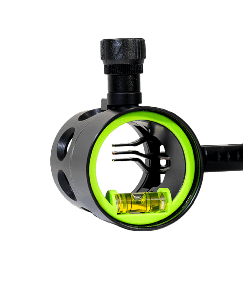 HHA LYT rechargeable archery sight light mounted on a 4-pin scope.